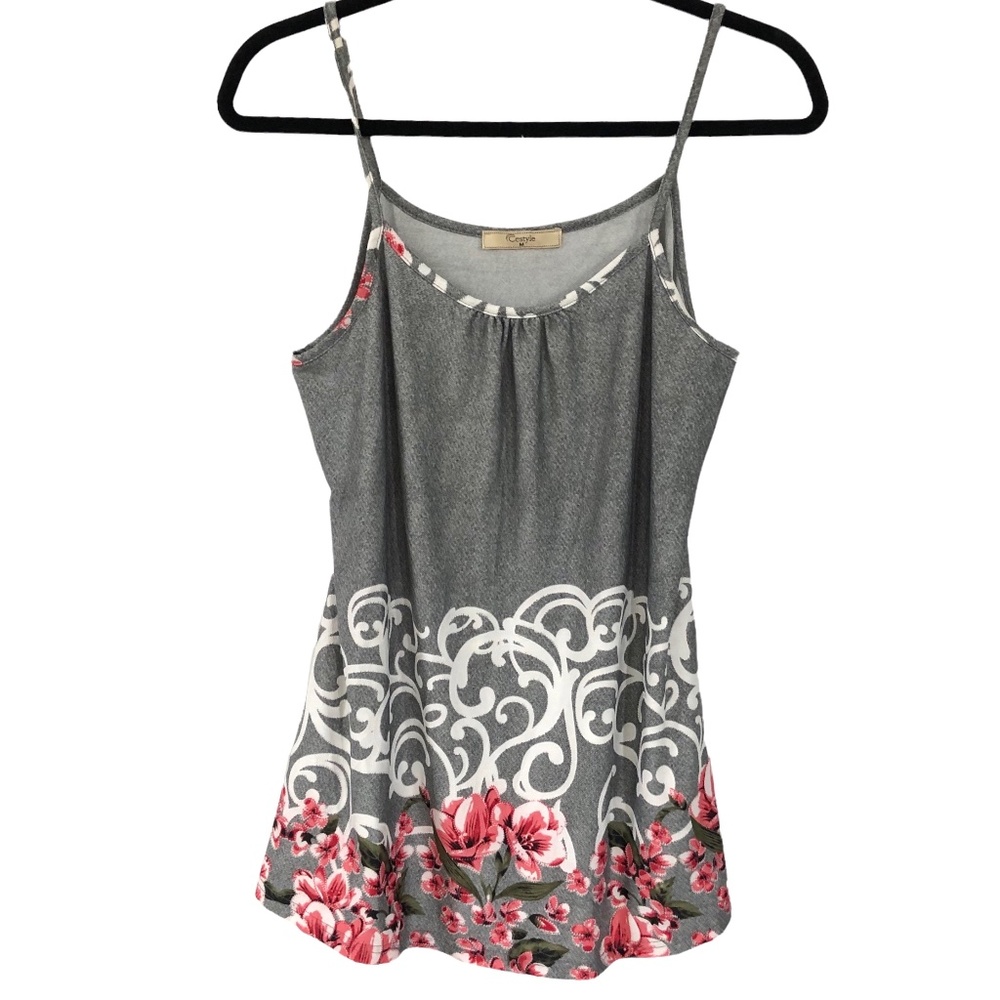 Celeste Gray Camisole Tank Top with White Scrolls & Pink Flowers M